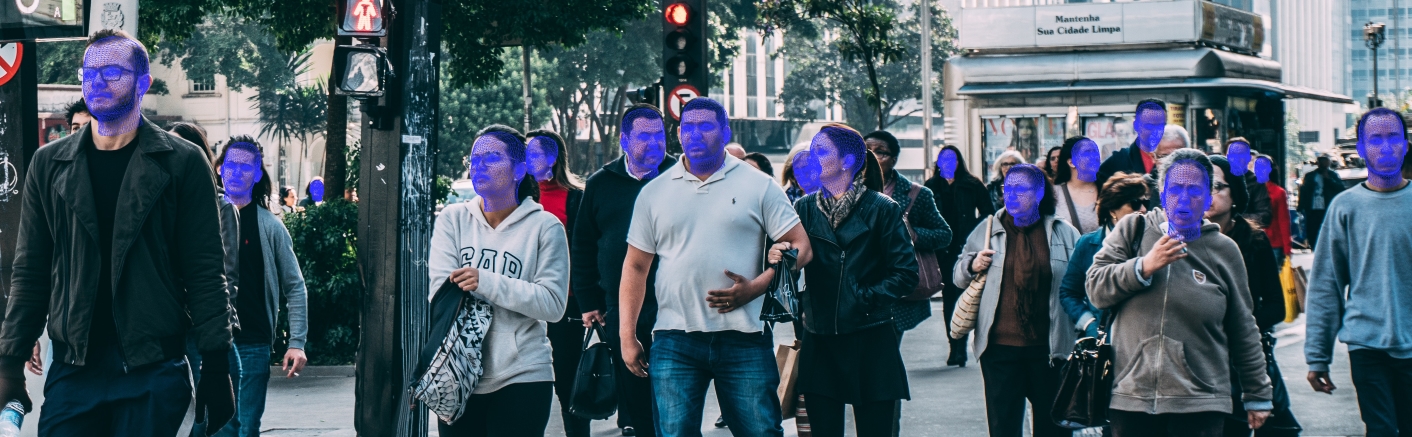 Crowd of pedestrians with 3D wireframe meshes